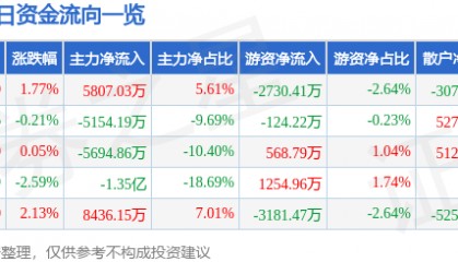 股票行情快报:有研新材(600206)8月13日主力资金净买入5807.03万元