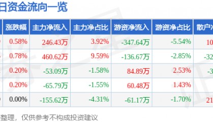 股票行情快报:云南旅游(002059)7月22日主力资金净买入246.43万元