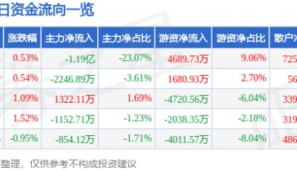 股票行情快报:中国国航(601111)8月20日主力资金净卖出1.19亿元