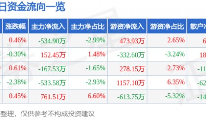 股票行情快报:深圳能源(000027)12月18日主力资金净卖出534.90万元
