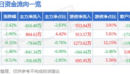 股票行情快报:珠江啤酒(002461)6月13日主力资金净卖出816.40万元