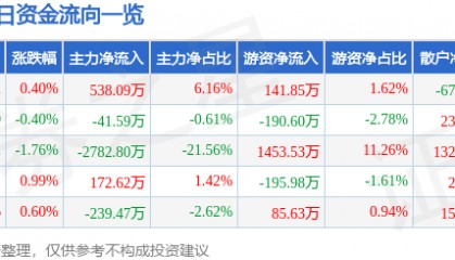 股票行情快报：海南海药（000566）3月20日主力资金净买入538.09万元