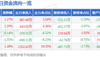股票行情快报:金陵饭店(601007)5月14日主力资金净买入807.48万元