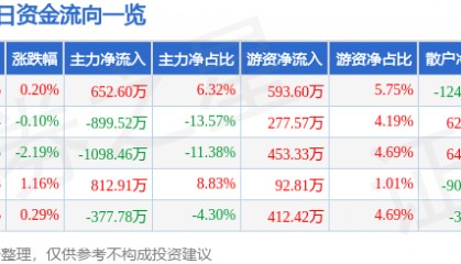 股票行情快报:森远股份(300210)9月25日主力资金净买入652.60万元