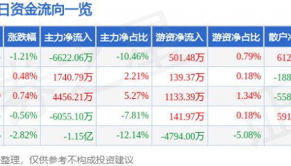 股票行情快报:宗申动力(001696)5月21日主力资金净卖出6622.06万元