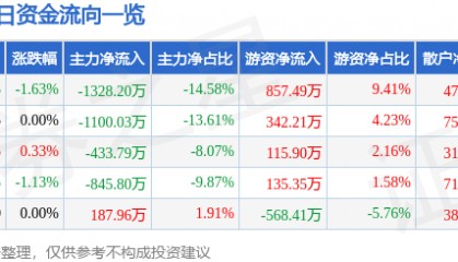 股票行情快报:北京利尔(002392)6月13日主力资金净卖出1328.20万元