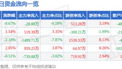 股票行情快报:远光软件(002063)5月13日主力资金净卖出28.88万元