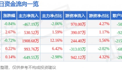 股票行情快报:九洲药业(603456)5月19日主力资金净卖出467.19万元