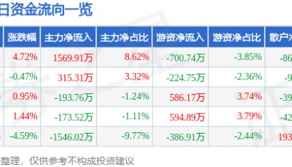股票行情快报：飞马国际（002210）7月23日主力资金净买入1569.91万元