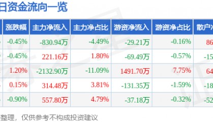 股票行情快报:深圳能源(000027)12月10日主力资金净卖出830.94万元