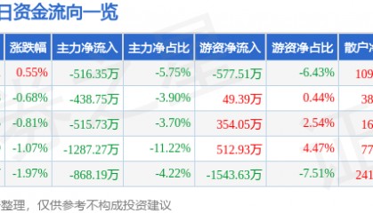 股票行情快报:金陵饭店(601007)6月23日主力资金净卖出516.35万元