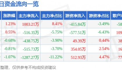 股票行情快报:金陵饭店(601007)6月24日主力资金净买入1003.21万元
