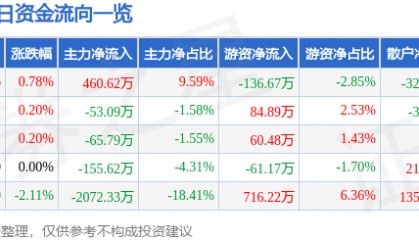 股票行情快报:云南旅游(002059)7月21日主力资金净买入460.62万元
