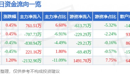 股票行情快报:深圳能源(000027)12月12日主力资金净买入761.51万元