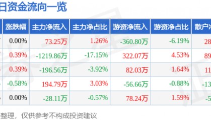 股票行情快报:云南旅游(002059)8月19日主力资金净买入73.25万元