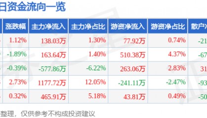 股票行情快报：峨眉山Ａ（000888）2月6日主力资金净买入138.03万元