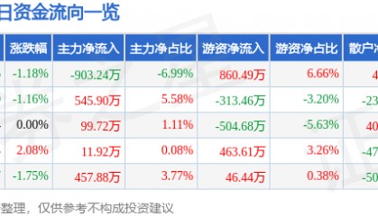 股票行情快报:华纺股份(600448)7月29日主力资金净卖出903.24万元