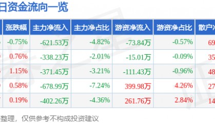 股票行情快报:云南旅游(002059)9月3日主力资金净卖出621.53万元