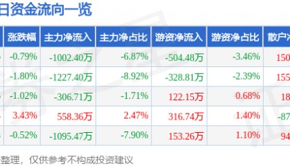 股票行情快报:双鹭药业(002038)9月4日主力资金净卖出1002.40万元