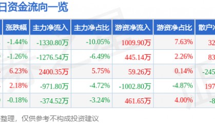 股票行情快报:森远股份(300210)8月21日主力资金净卖出1330.80万元