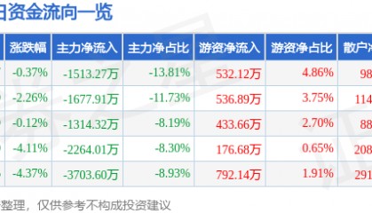 股票行情快报:*ST双成(002693)8月11日主力资金净卖出1513.27万元