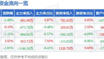 股票行情快报:新北洋(002376)1月10日主力资金净买入891.99万元