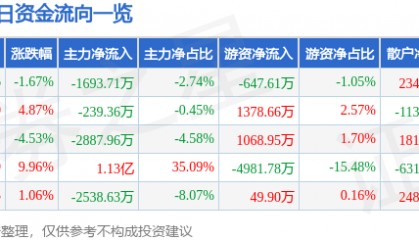 股票行情快报:金陵饭店(601007)6月10日主力资金净卖出1693.71万元