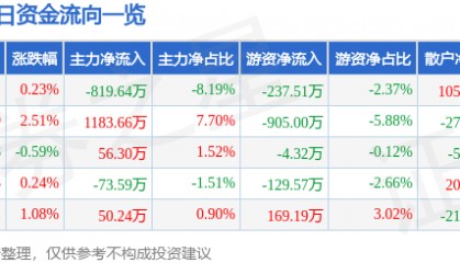 股票行情快报：恒源煤电（600971）3月14日主力资金净卖出819.64万元