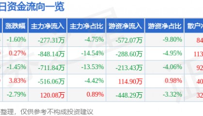 股票行情快报：长江传媒（600757）7月9日主力资金净卖出277.31万元
