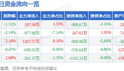 股票行情快报：飞马国际（002210）8月14日主力资金净买入197.38万元