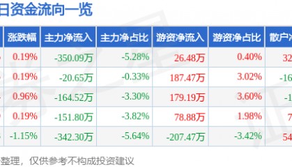 股票行情快报:云南旅游(002059)7月10日主力资金净卖出350.09万元
