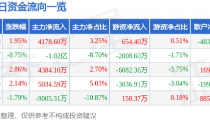 股票行情快报:有研新材(600206)8月20日主力资金净买入4178.60万元