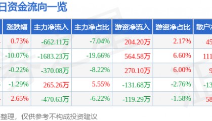 股票行情快报：海南海药（000566）4月8日主力资金净卖出662.11万元