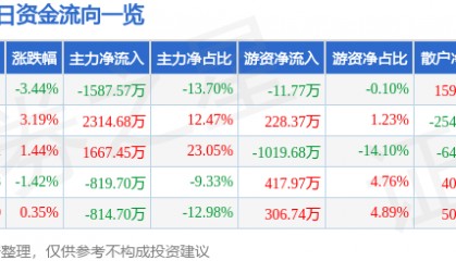 股票行情快报：文峰股份（601010）6月13日主力资金净卖出1587.57万元