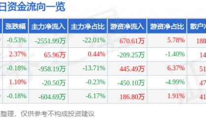 股票行情快报:森远股份(300210)8月6日主力资金净卖出2551.99万元