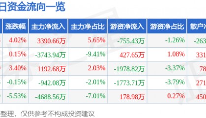 股票行情快报:远光软件(002063)3月6日主力资金净买入3390.66万元