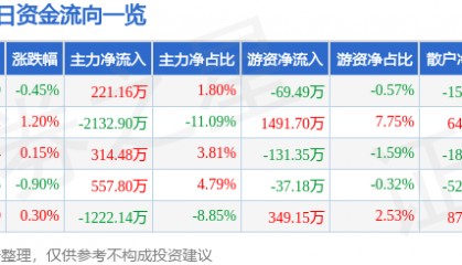 股票行情快报:深圳能源(000027)12月9日主力资金净买入221.16万元