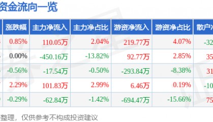 股票行情快报：法尔胜（000890）5月13日主力资金净买入110.05万元
