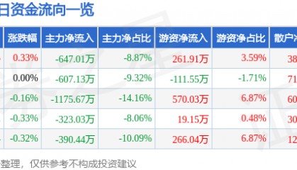 股票行情快报:深圳能源(000027)1月27日主力资金净卖出647.01万元
