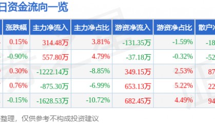 股票行情快报:深圳能源(000027)12月5日主力资金净买入314.48万元