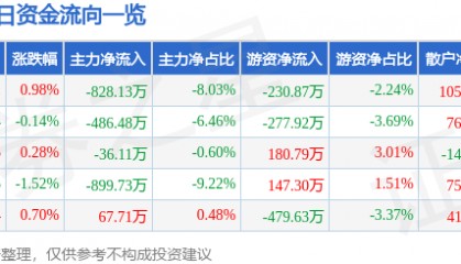 股票行情快报:中兴商业(000715)5月14日主力资金净卖出828.13万元