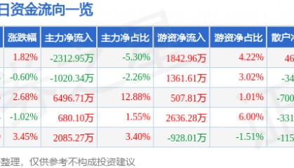 股票行情快报:九洲药业(603456)5月29日主力资金净卖出2312.95万元