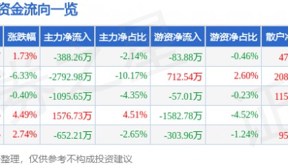 股票行情快报:新北洋(002376)12月24日主力资金净卖出388.26万元