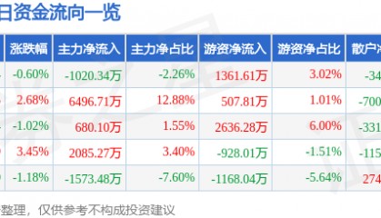股票行情快报:九洲药业(603456)5月28日主力资金净卖出1020.34万元
