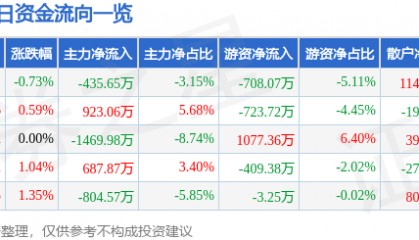 股票行情快报：紫江企业（600210）12月30日主力资金净卖出435.65万元