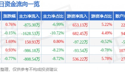 股票行情快报:深圳能源(000027)12月2日主力资金净卖出875.30万元