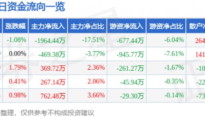 股票行情快报:金陵饭店(601007)5月21日主力资金净卖出1964.44万元