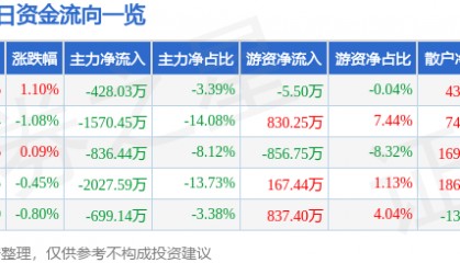 股票行情快报:森远股份(300210)8月13日主力资金净卖出428.03万元