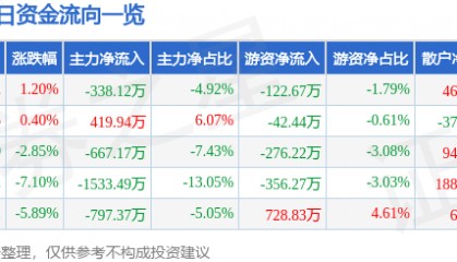 股票行情快报：正虹科技（000702）12月20日主力资金净卖出338.12万元