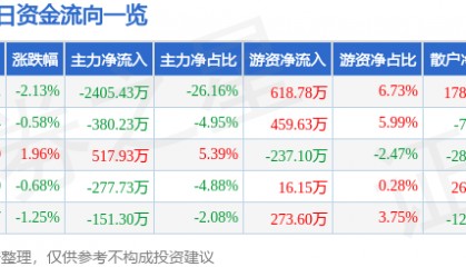 森远股份(300210)9月15日主力资金净卖出2405.43万元